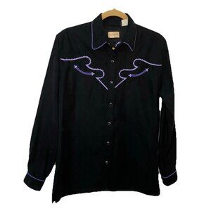 Vintage Wrangler Pearl Snap Shirt Mens Black Western‎ Rodeo Purple Rockabilly